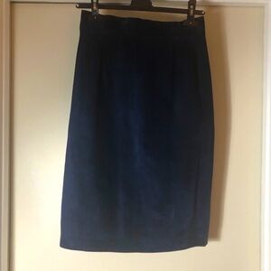 Danier Suede Leather Pencil Skirt, BLUE, Size M/10, Back Vent, Gun Metal Snaps